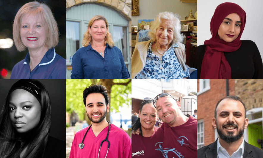 New Year Honours List 2021 Top Row: Catherine Fitzsimmons, Emma Henderson, Anne Baker, Samah Khalil. Bottom Row: Pat McGrath, Azeem Alam, Tom and Carla Cuthbertson, Manoj Varsani.