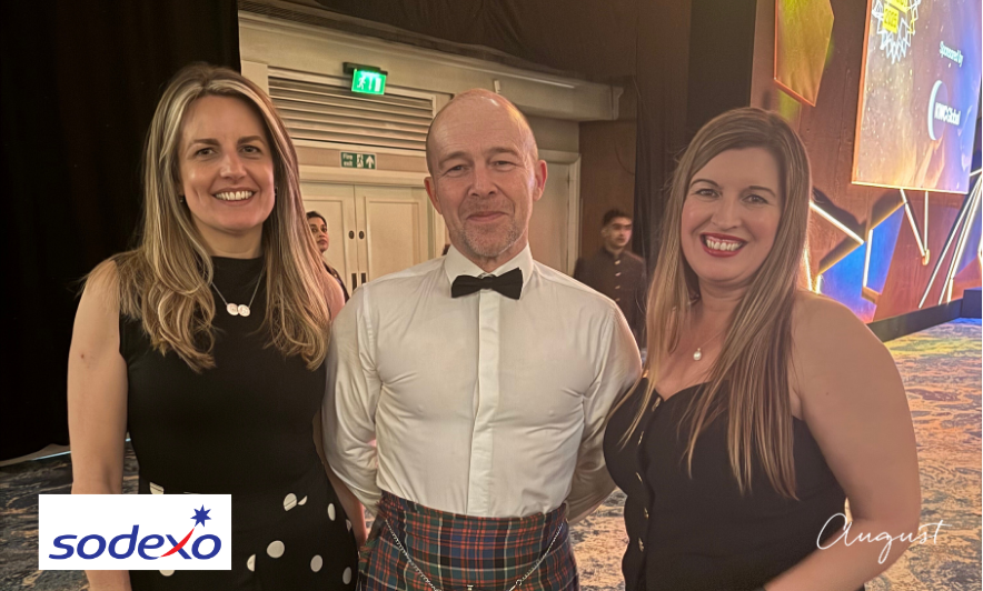 Marching into Awards Season 3 Lisa Wren and Donna O'Toole from August pose for a photo with Domenico D'Ambruoso from Sodexo Growth Academy (middle) at the 2025 Learning Awards Ceremony at the Grosvenor House Hotel, London.