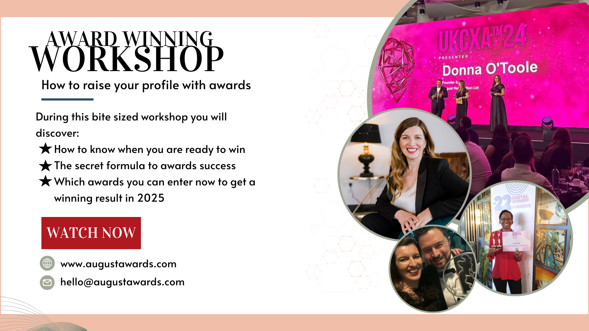 Awards Events 1 Event image for Donna O'Toole's How to Raise Your Profile workshop. Featuring details of the webinar plus pictures of Donna and winners